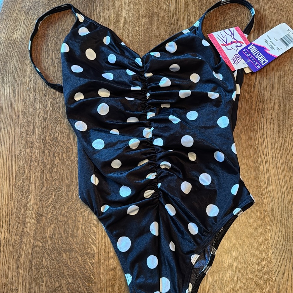 Christina Bathing Suit One Piece Swimming Size 14 Black w/ White Polka Dots